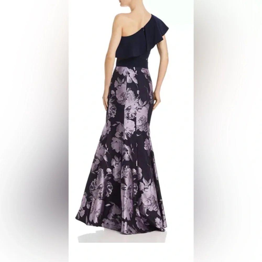 One-Shoulder Brocade Gown for Wedding or Party - Blue and Pink - size 2 - Picture 11 of 17